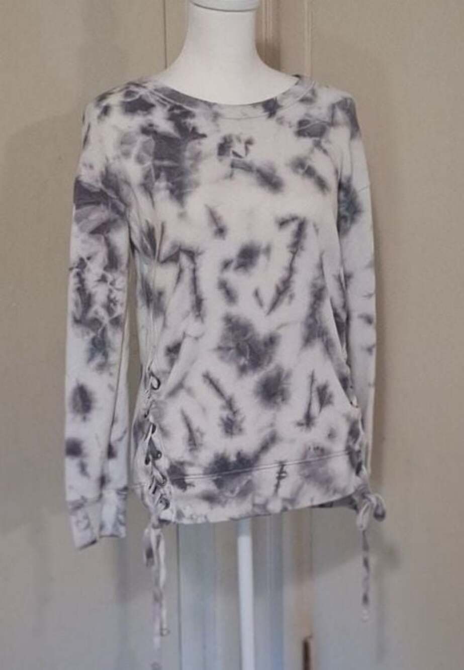 Study Pullover Tie Dye Lace Up Crewneck Gray White,S, Loungewear Cozy